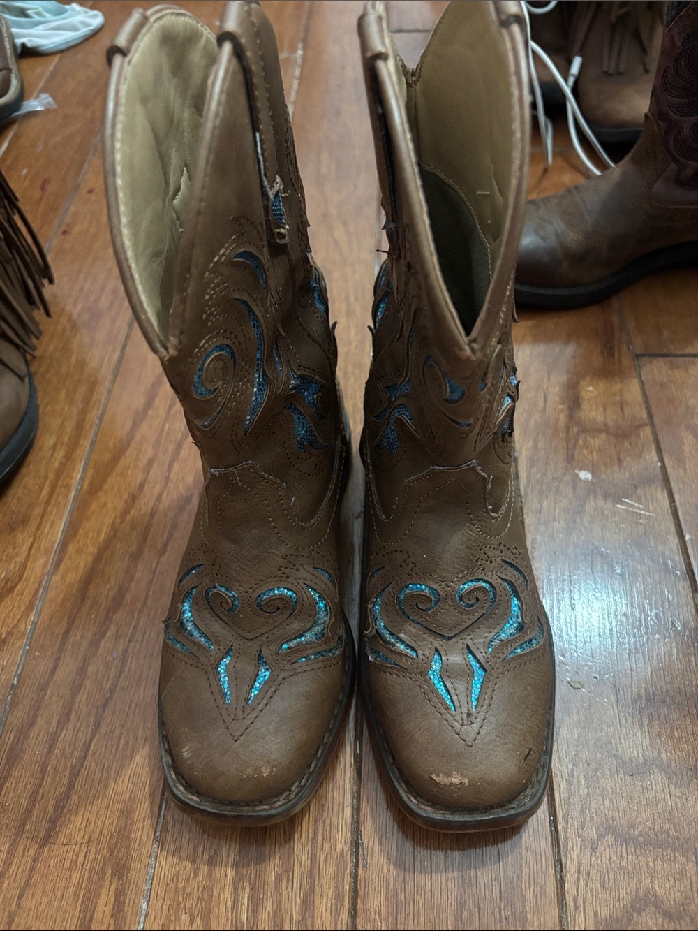 Roper Kids Brown Cowboy Boots with Teal Stitch Accents
